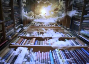 Bibliothèque étagères de livres qui montent vers le ciel avec des nuages et le soleil